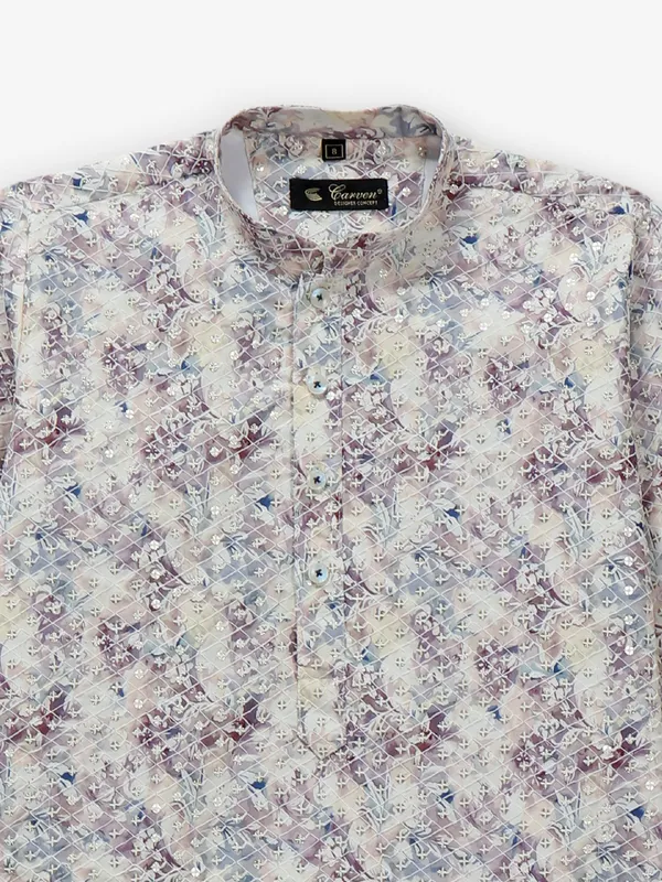 Printed cream kurta suit for boys in cotton silk
