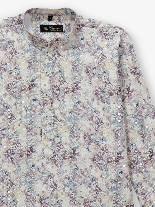 Printed cream kurta suit for boys in cotton silk