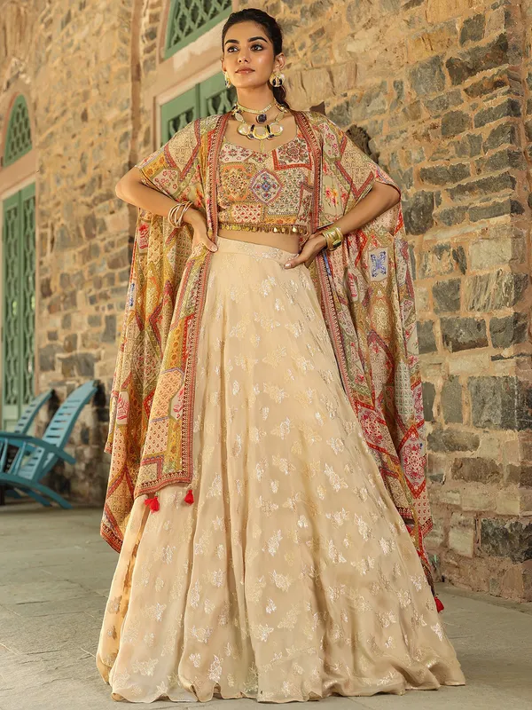 Printed cream silk palazzo suit with shrug
