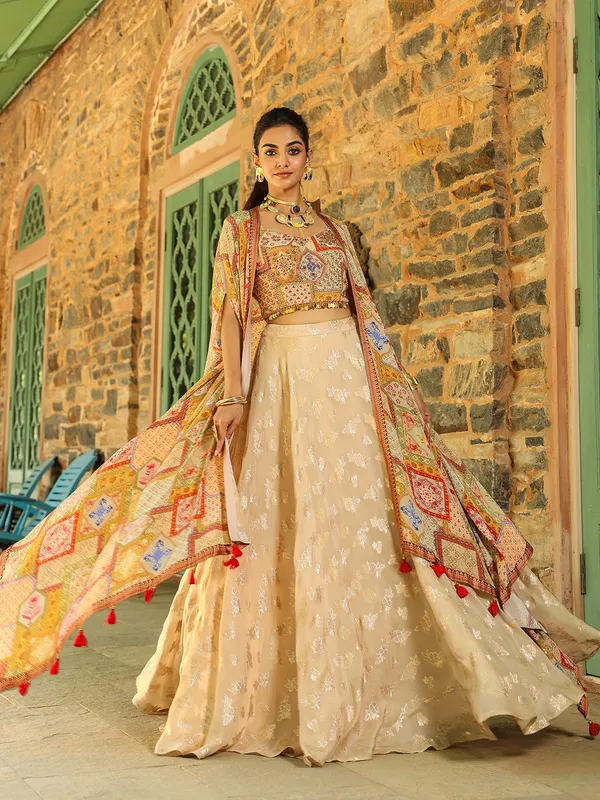 Printed cream silk palazzo suit with shrug
