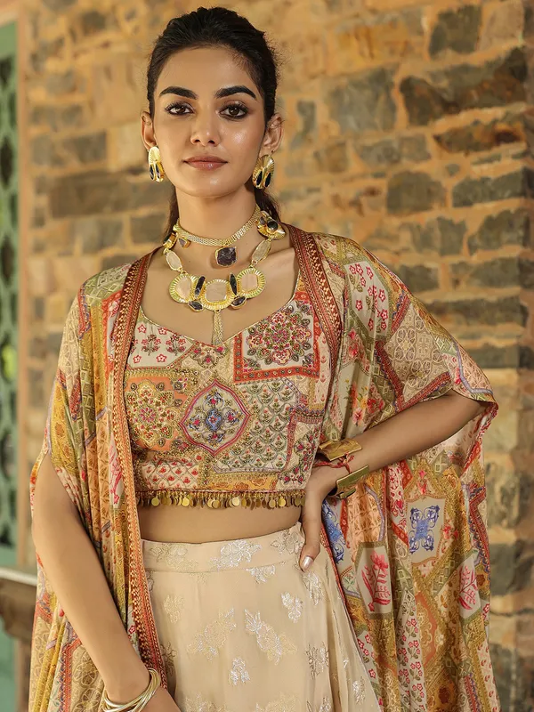 Printed cream silk palazzo suit with shrug