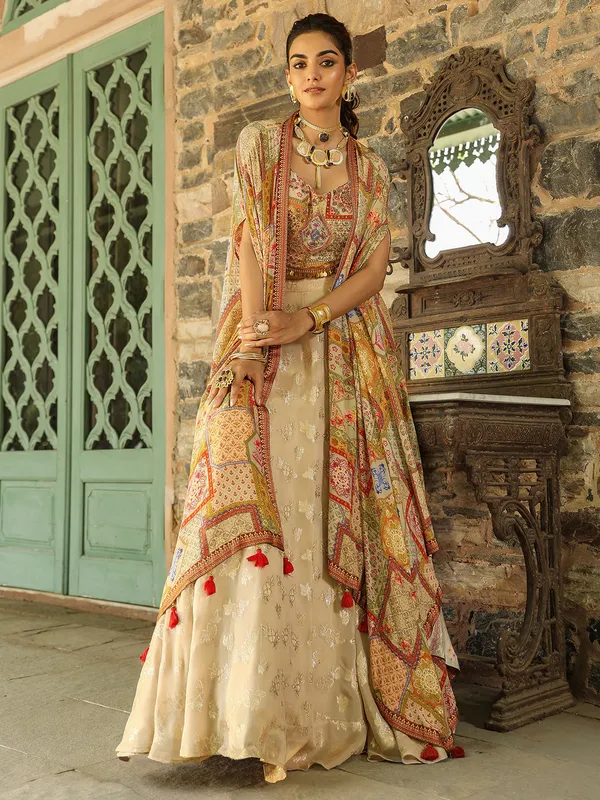 Printed cream silk palazzo suit with shrug
