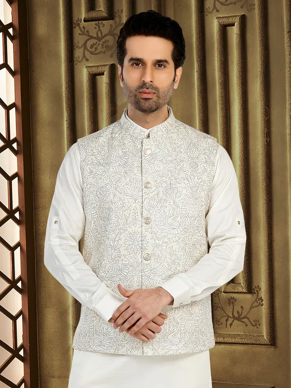 Printed cream silk wedding waistcoat set