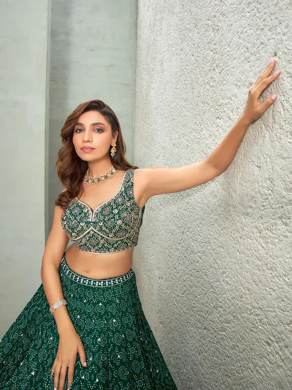 Printed dark green lehenga choli for wedding
