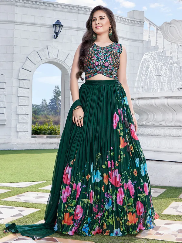 Printed dark green organza lehenga choli