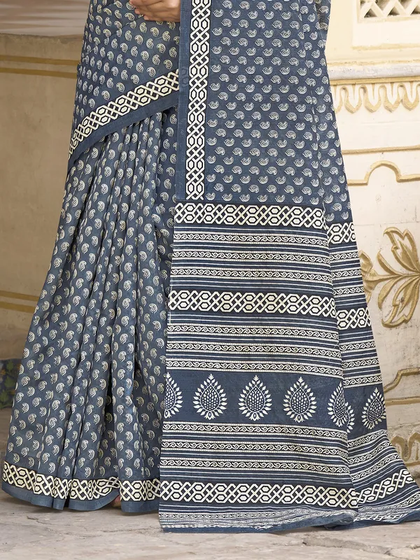 Printed dark grey saree in bhagalpuri silk