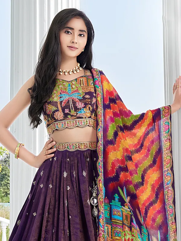 Printed dark purple silk lehenga choli
