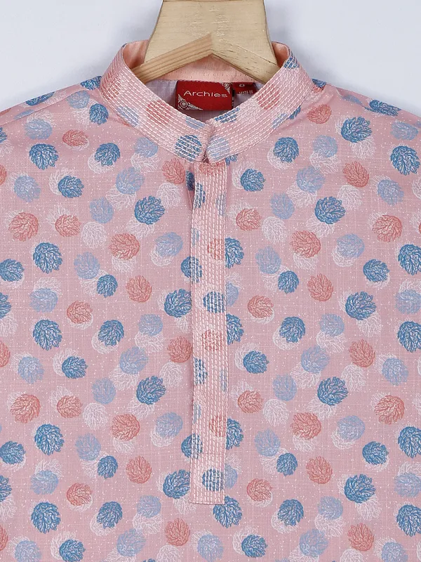 Printed dusty peach cotton kurta suit