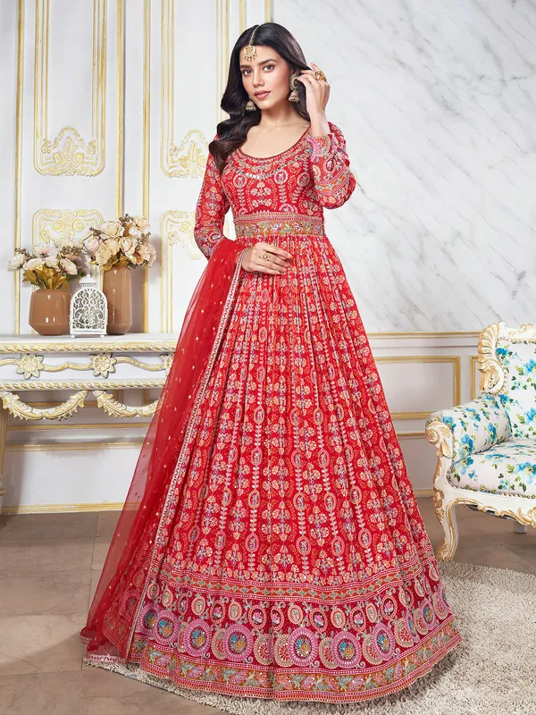 Printed georgette anarkali suit in red