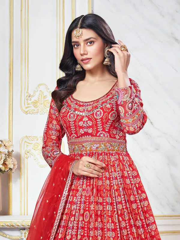 Printed georgette anarkali suit in red