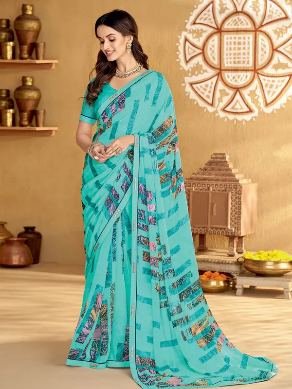 Printed georgette aqua saree