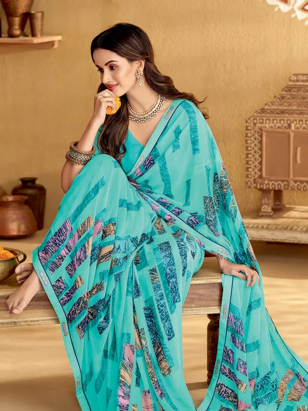 Printed georgette aqua saree