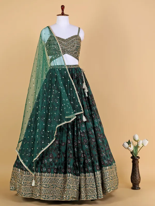 Printed georgette lehenga choli in bottle green