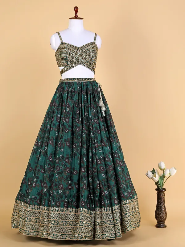 Printed georgette lehenga choli in bottle green