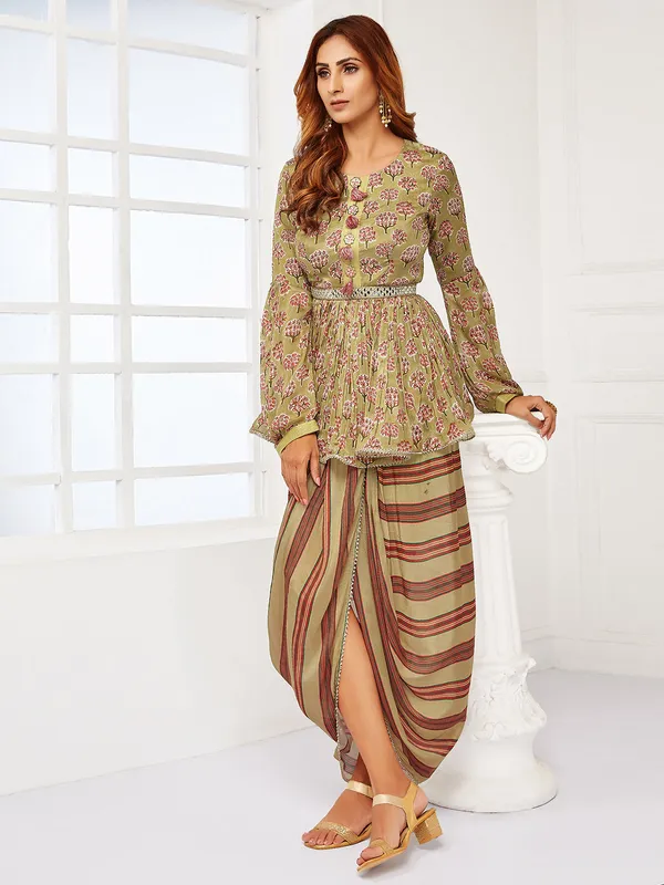 Printed georgette olive punjabi style dhoti suit