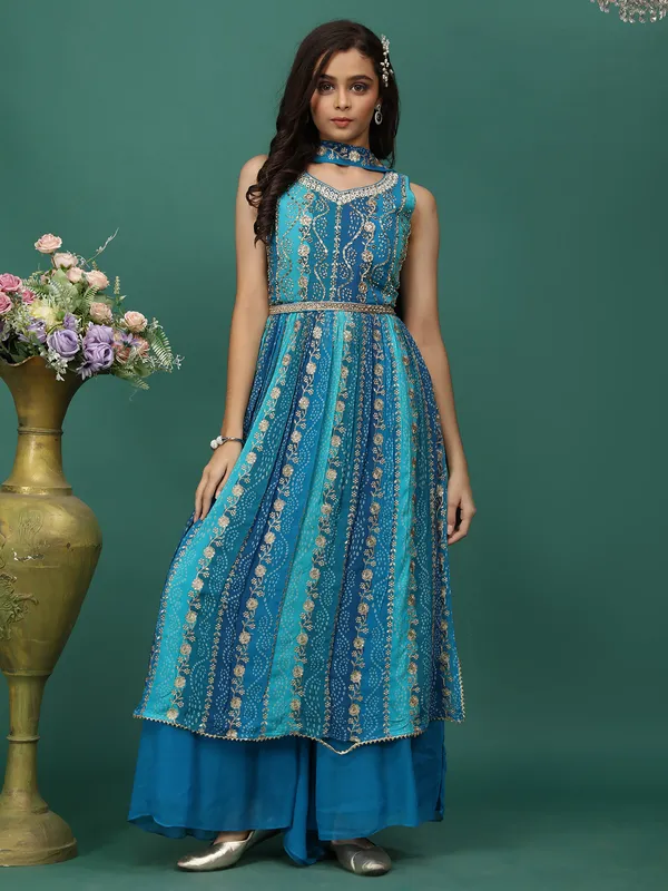 Printed georgette palazzo suit in blue