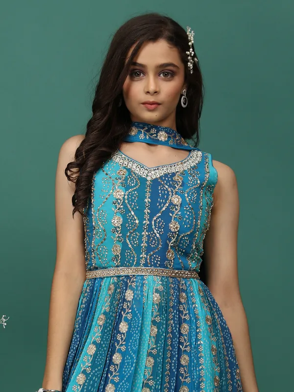 Printed georgette palazzo suit in blue