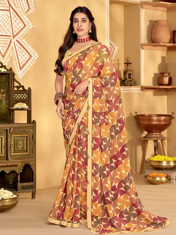 Printed georgette saree in cream