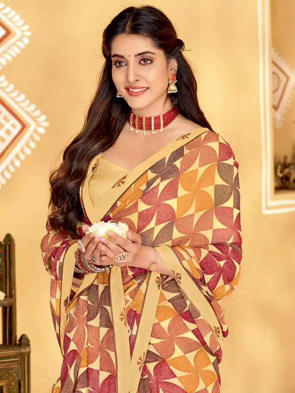 Printed georgette saree in cream