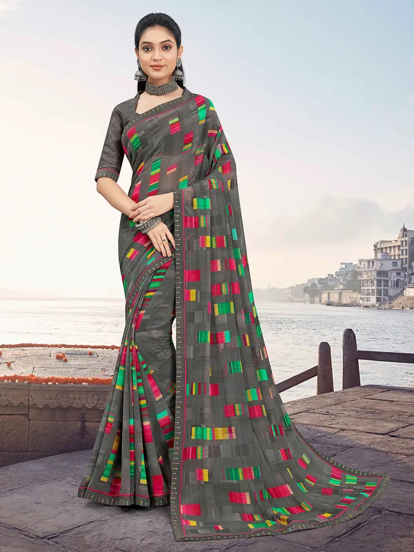 Printed georgette saree in grey