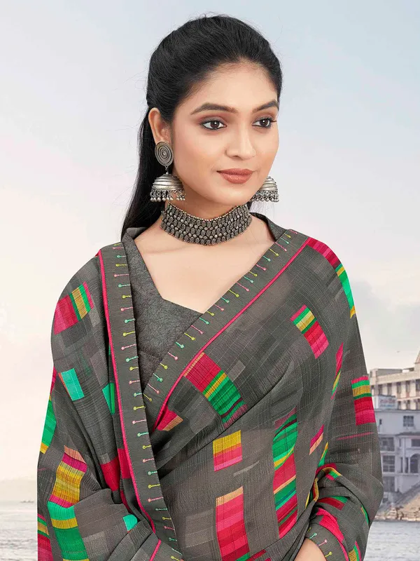 Printed georgette saree in grey