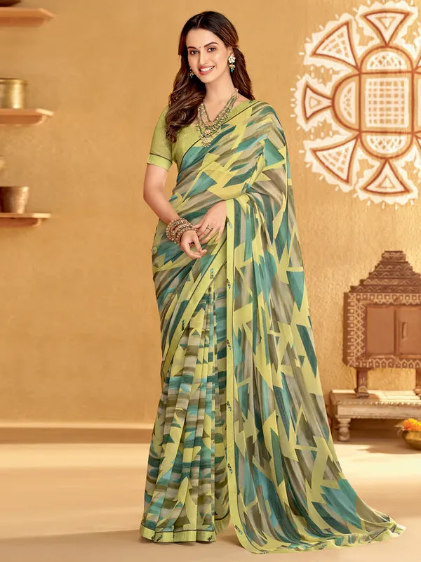 Printed georgette saree in light green