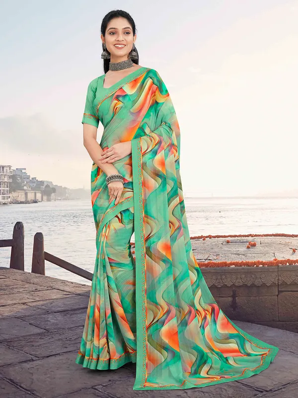 Printed georgette saree in pista green