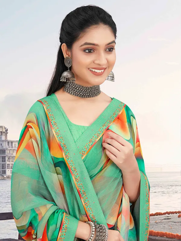 Printed georgette saree in pista green