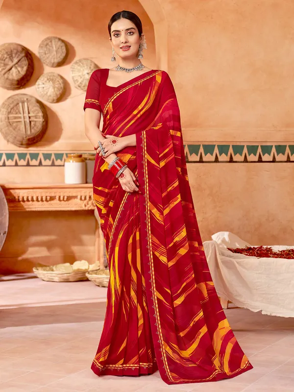 Printed georgette saree in red