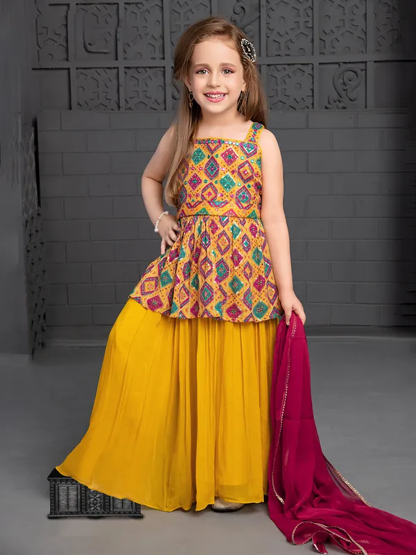 Printed georgette yellow palazzo suit