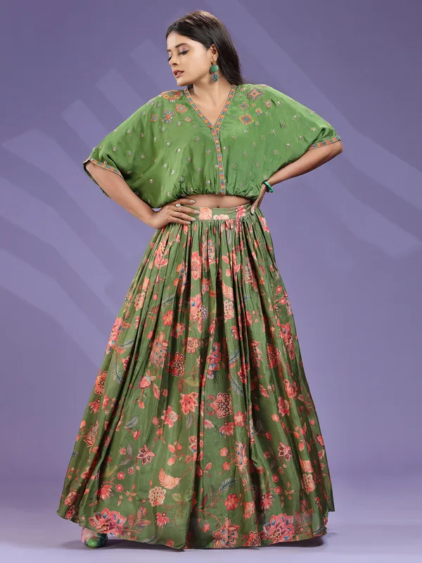 Printed green crop top with lehenga