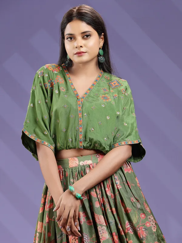 Printed green crop top with lehenga