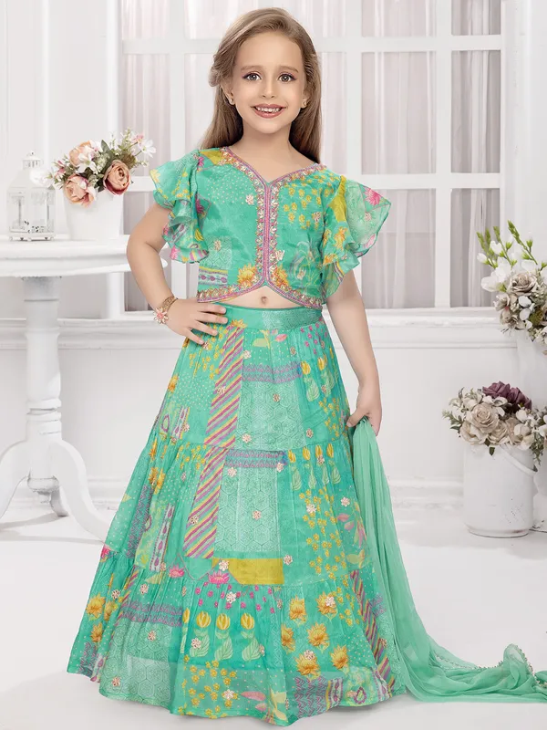 Printed green lehenga choli in silk for mahendi