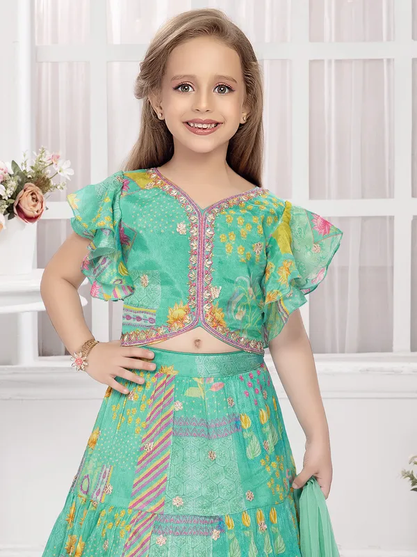 Printed green lehenga choli in silk for mahendi