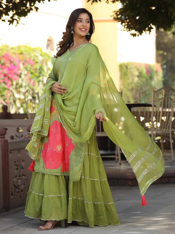 Printed green long kurti with dupatta