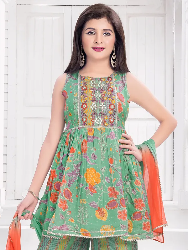Printed green palazzo suit in cotton silk