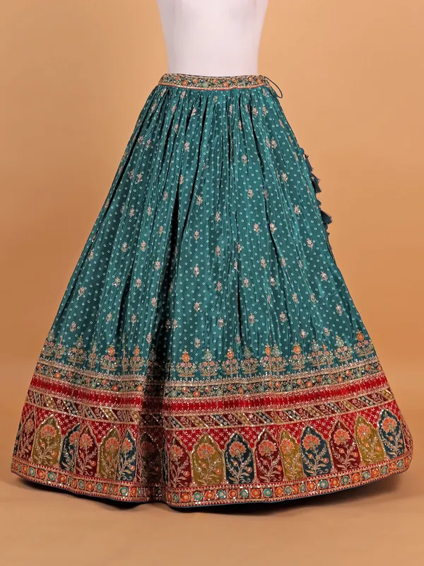 Printed green silk lehenga choli for women