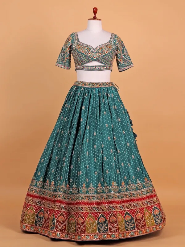 Printed green silk lehenga choli for women