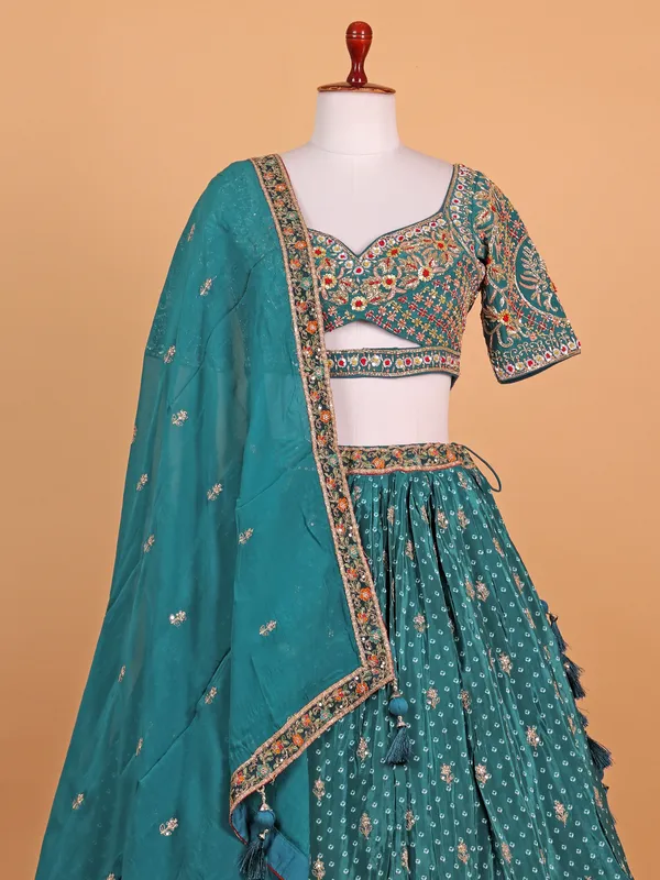 Printed green silk lehenga choli for women