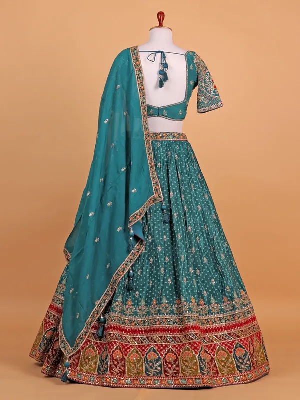 Printed green silk lehenga choli for women