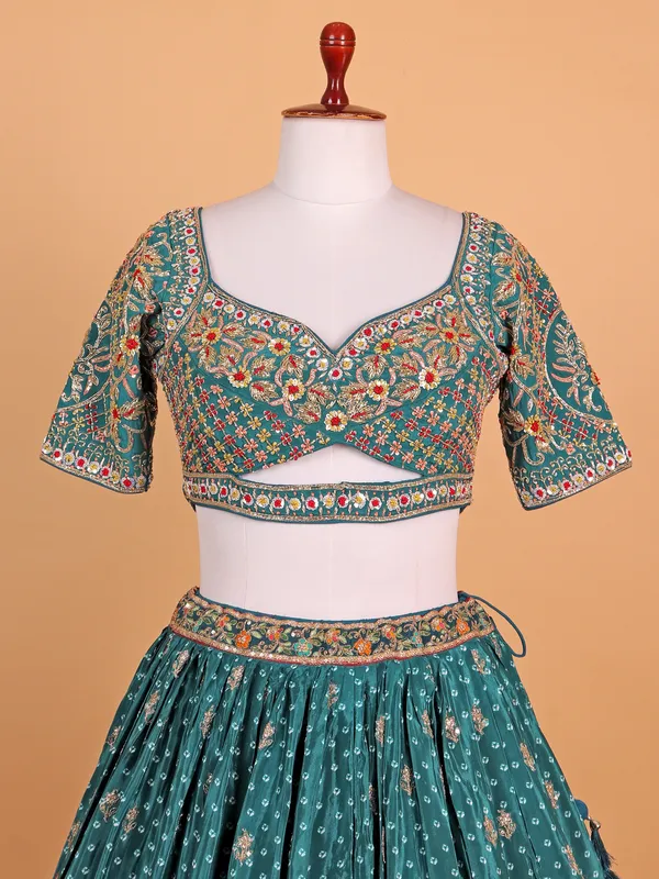 Printed green silk lehenga choli for women