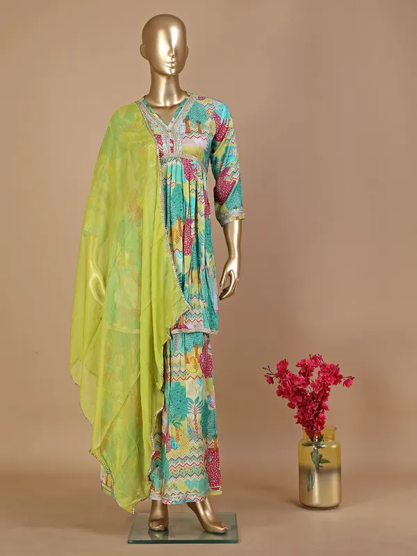 Printed green silk sharara suit