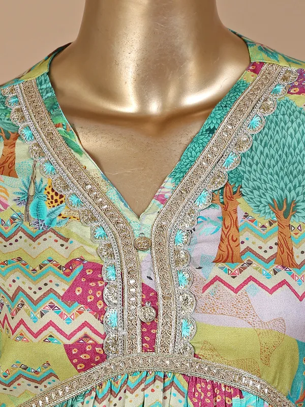 Printed green silk sharara suit