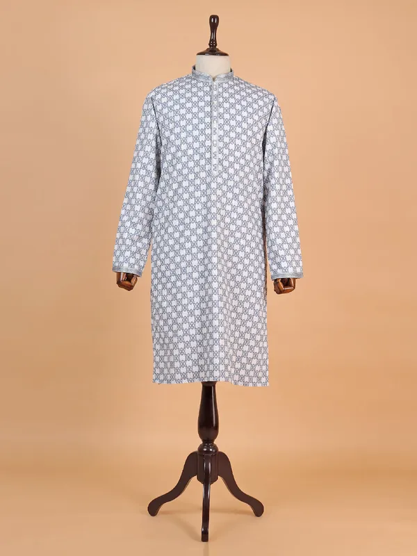 Printed grey and blue cotton festive wear kurta suit