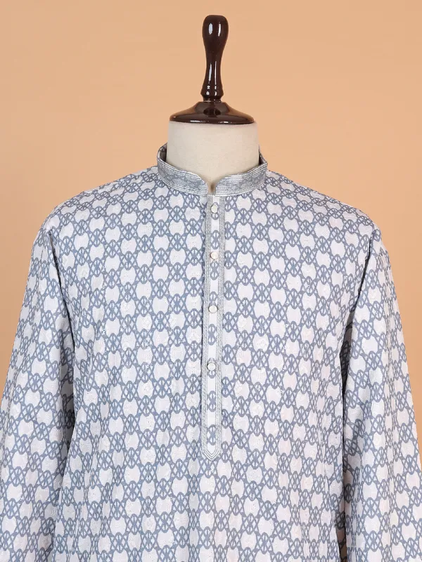 Printed grey and blue cotton festive wear kurta suit
