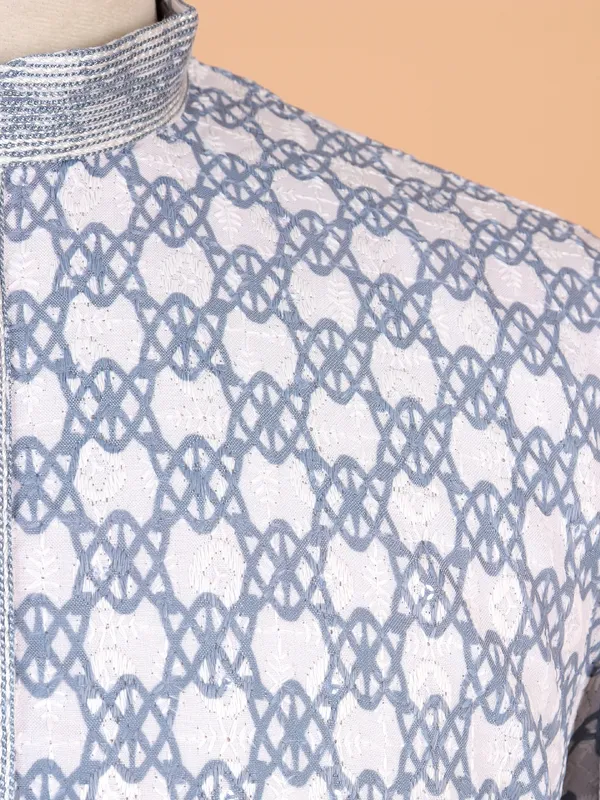 Printed grey and blue cotton festive wear kurta suit