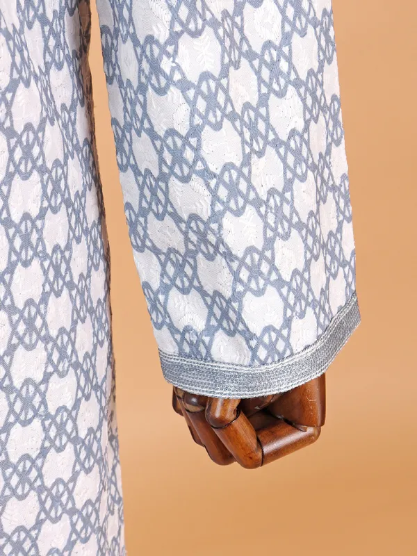Printed grey and blue cotton festive wear kurta suit