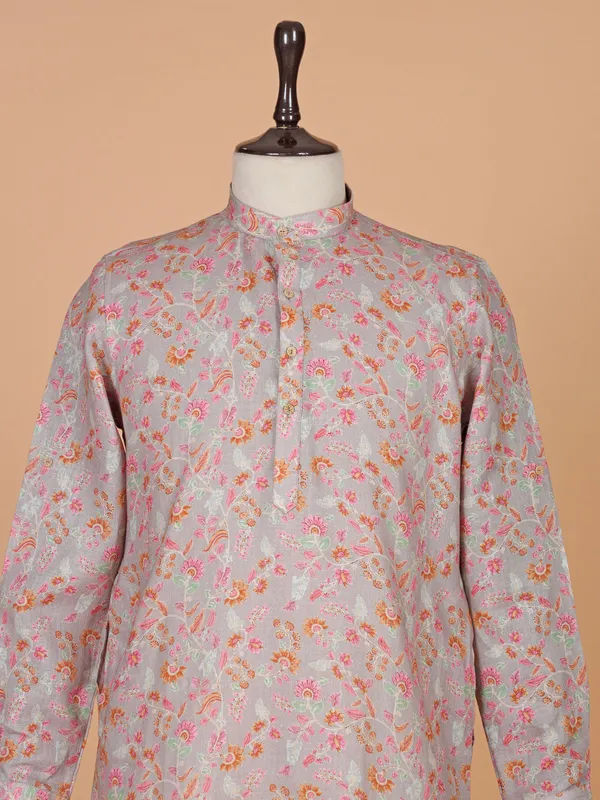 Printed grey cotton kurta for men
