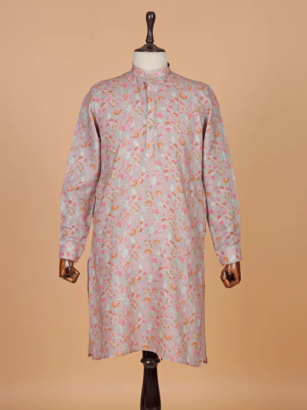 Printed grey cotton kurta for men