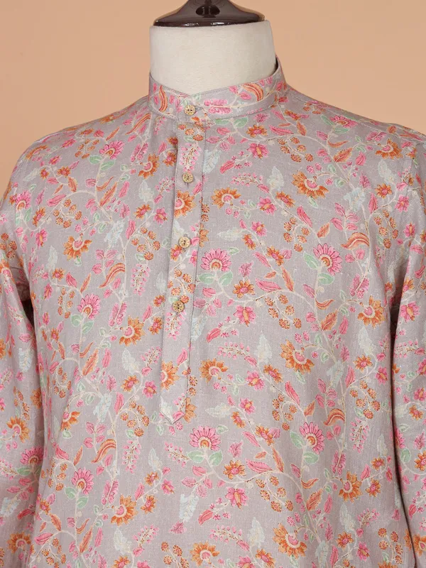 Printed grey cotton kurta for men